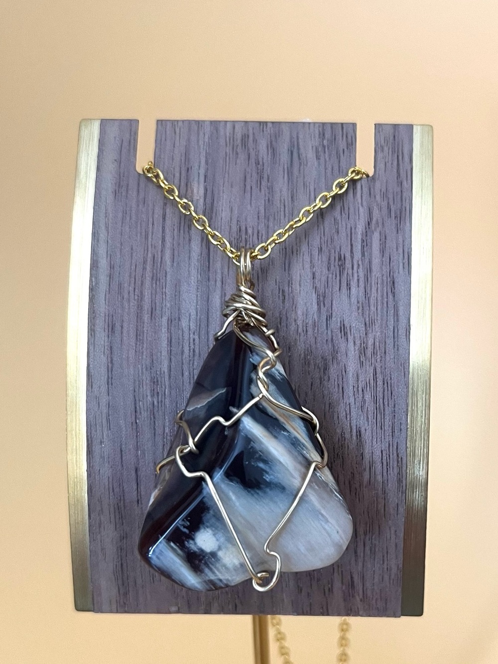 Natural stone, pendant, gold plated, wire wrapped